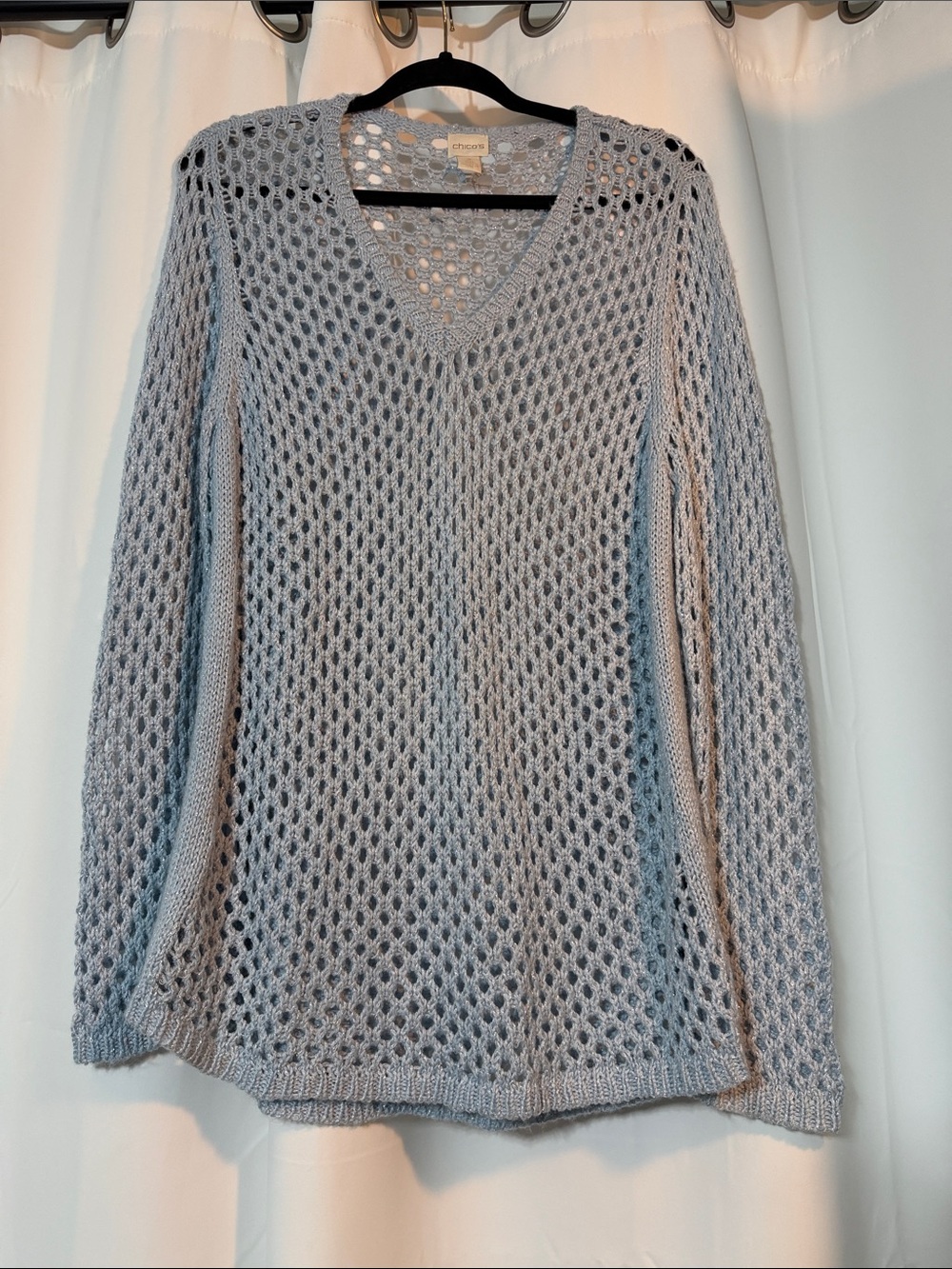 Chico's Light Blue Coastal Open-Weave V-Neck Sweater B8